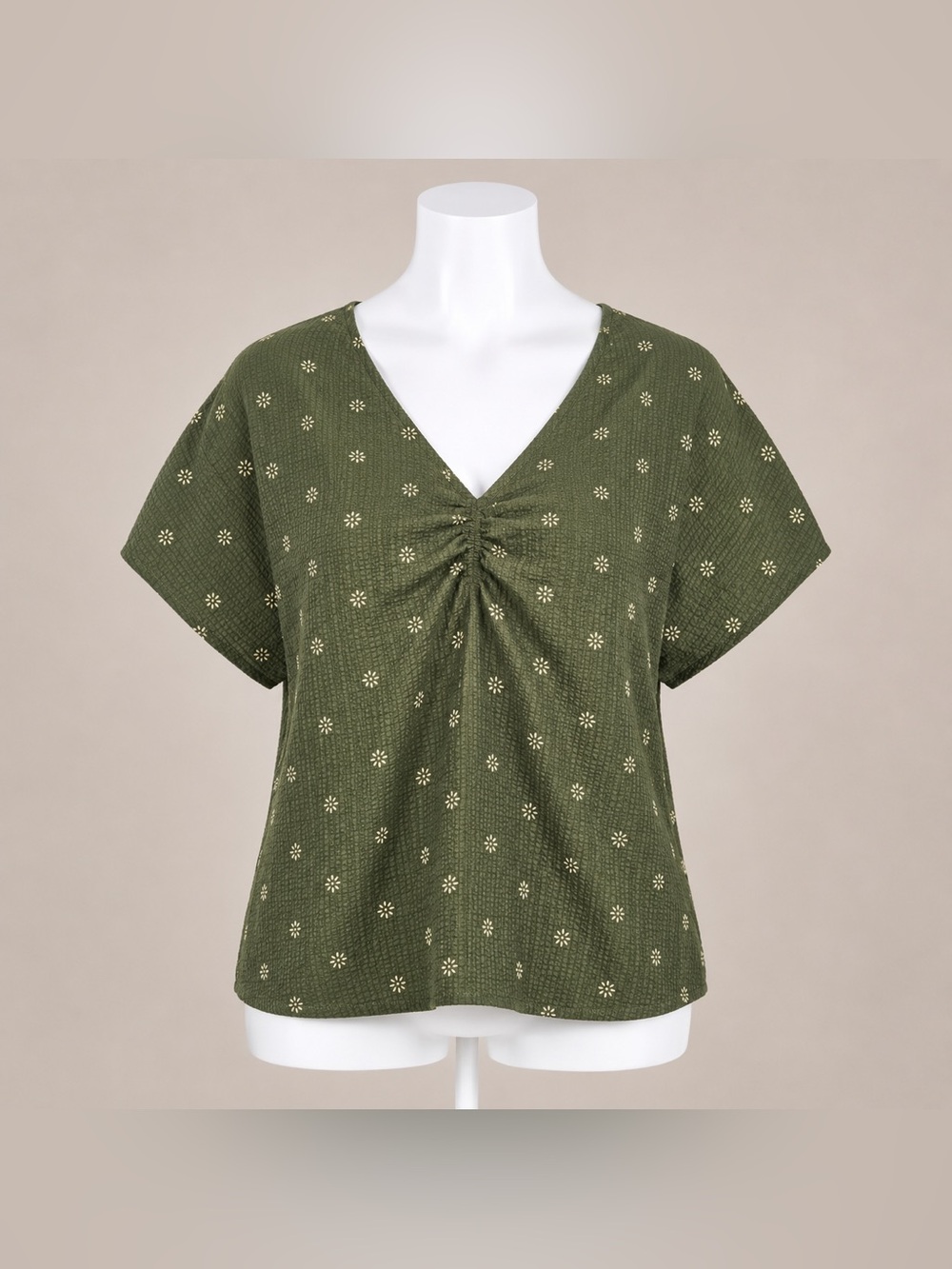 Olive Green Floral Textured Blouse V-Neck Short Sleeve 2X